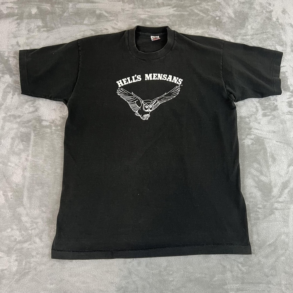 Vintage Hell's Mensans Shirt Mens XL Black Owl Biker Graphic Made USA 90s